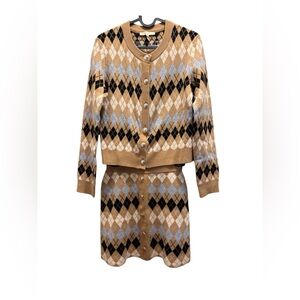 Maje Camel, Black & Light Blue Argyle Knit Cardigan